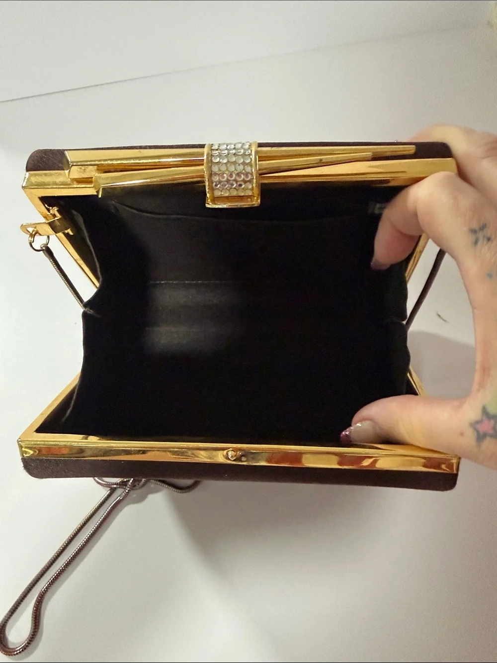 Vintage Stratton Satin Evening Clutch in Dark Brown with Gold Accent